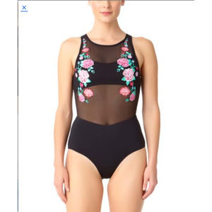 Anne Cole Black Floral Embroidered Mesh High-Neck One-Piece Size 16